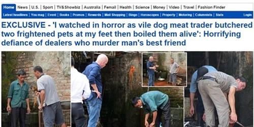 Thịt chó là một trong những món ăn của Việt Nam được báo chí thế giới nhắc đến trong năm 2014. Trong đó, tờ Daily Mail (Anh) đã đăng bài của Simon Parry, đang ở Việt Nam, tường thuật về sự ghê sợ của bản thân khi "đột nhập" lò mổ chó ở Hà Nội.