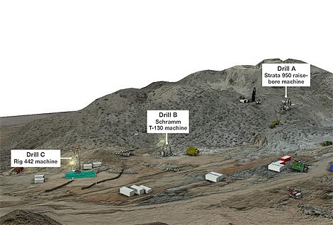 Vị trí các mũi khoan đường hầm trong công tác giải cứu 33 công nhân Chile.