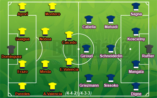 Pháp ra quân với đội hình thiếu vắng nhiều trụ cột được cho nghỉ ngơi, giữ sức. Trong khi đó, Ecuador với mục tiêu tiến vào đến bán kết vẫn tung ra đội hình mạnh nhất.