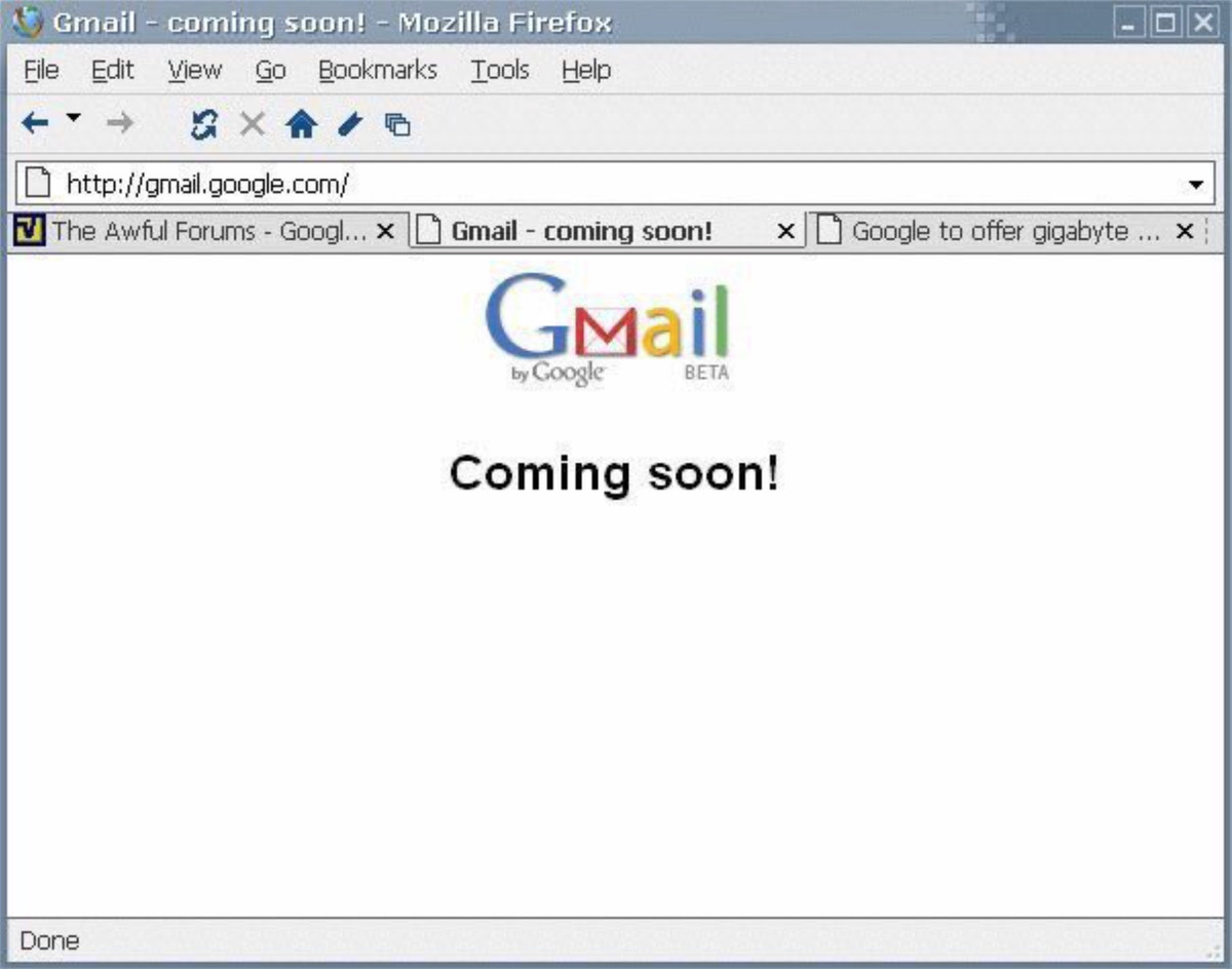 Cũng trong năm 2004, dịch vụ Gmail được Google phát hành. Bản thử nghiệm đầu tiên được giới thiệu vào ngày cá tháng Tư khiến giới truyền thông và người dùng nghĩ đây chỉ là trò đùa. Ảnh: Jon Erlichman.