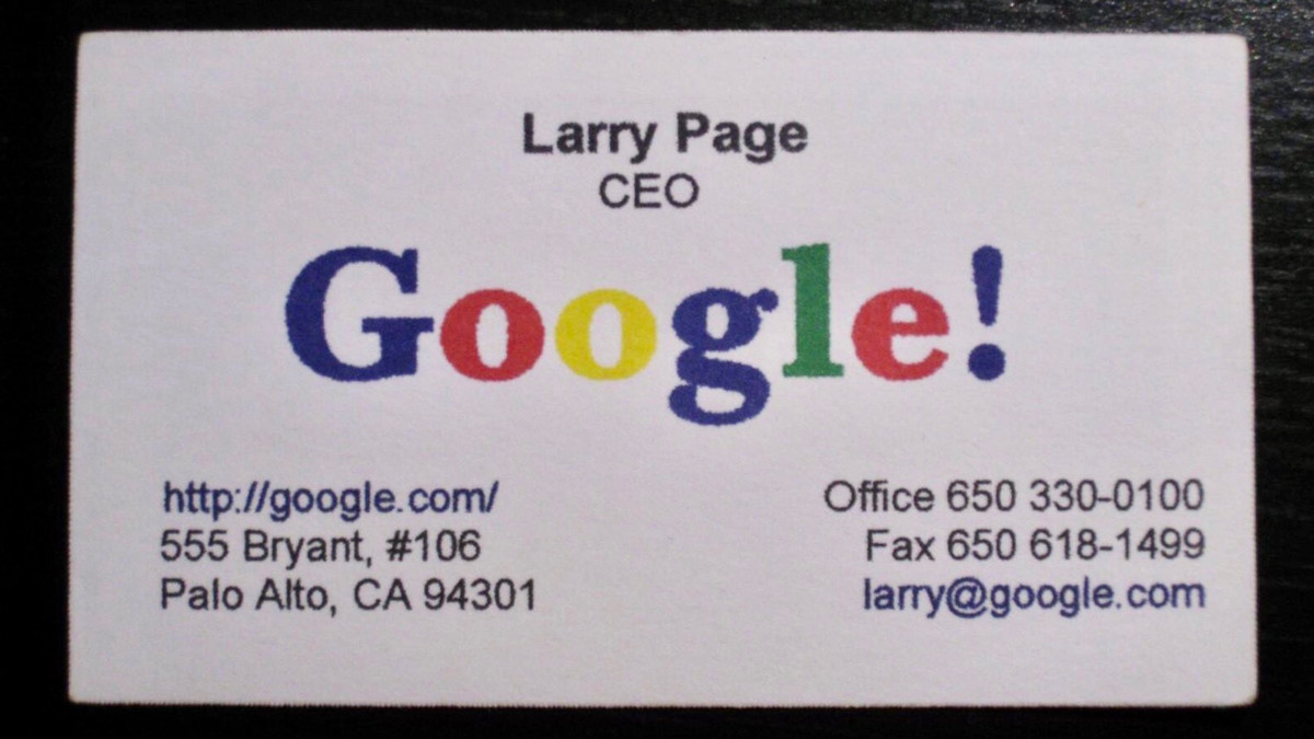 Danh thiếp của Page với vị trí CEO Google. Tháng 2/1999, trụ sở công ty chuyển đến Palo Alto, thủ phủ của nhiều "ông lớn" công nghệ. Văn phòng của hãng nằm tại 165 University Avenue, tọa lạc cùng những tên tuổi như PayPal, Logitech... Ảnh: Jon Erlichman.