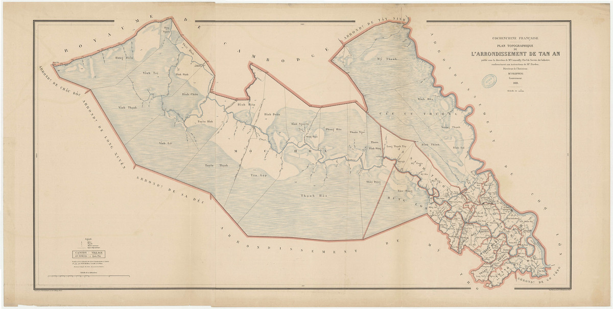 Bản đồ hạt Tân An năm 1888, gồm khu vực phía Tây sông Vàm Cỏ Đông của tỉnh Long An ngày nay.