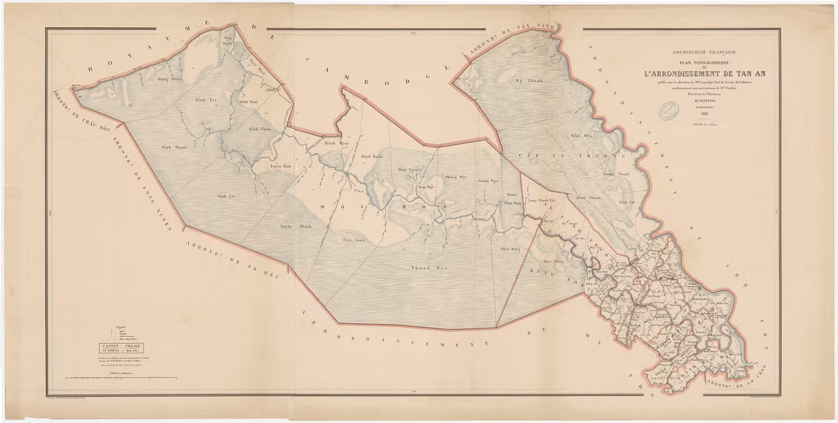Bản đồ hạt Tân An năm 1888, gồm khu vực phía Tây sông Vàm Cỏ Đông của tỉnh Long An ngày nay.