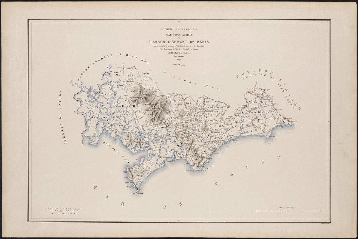 Bản đồ hạt Bà Rịa năm 1881, ngày nay là khu vực phía Nam tỉnh Bà Rịa - Vũng Tàu.