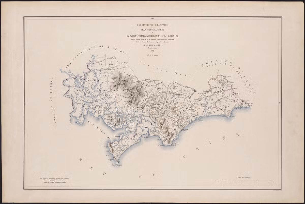 Bản đồ hạt Bà Rịa năm 1881, ngày nay là khu vực phía Nam tỉnh Bà Rịa - Vũng Tàu.