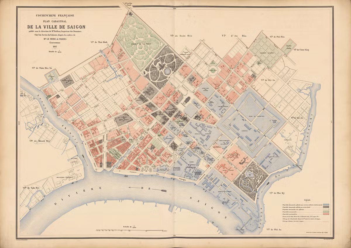 Bản đồ địa chính thành phố Sài Gòn năm 1889, tương ứng với phần lớn khu vực quận 1 của TP HCM ngày nay. Ảnh: Humazur.univ-cotedazur.fr.