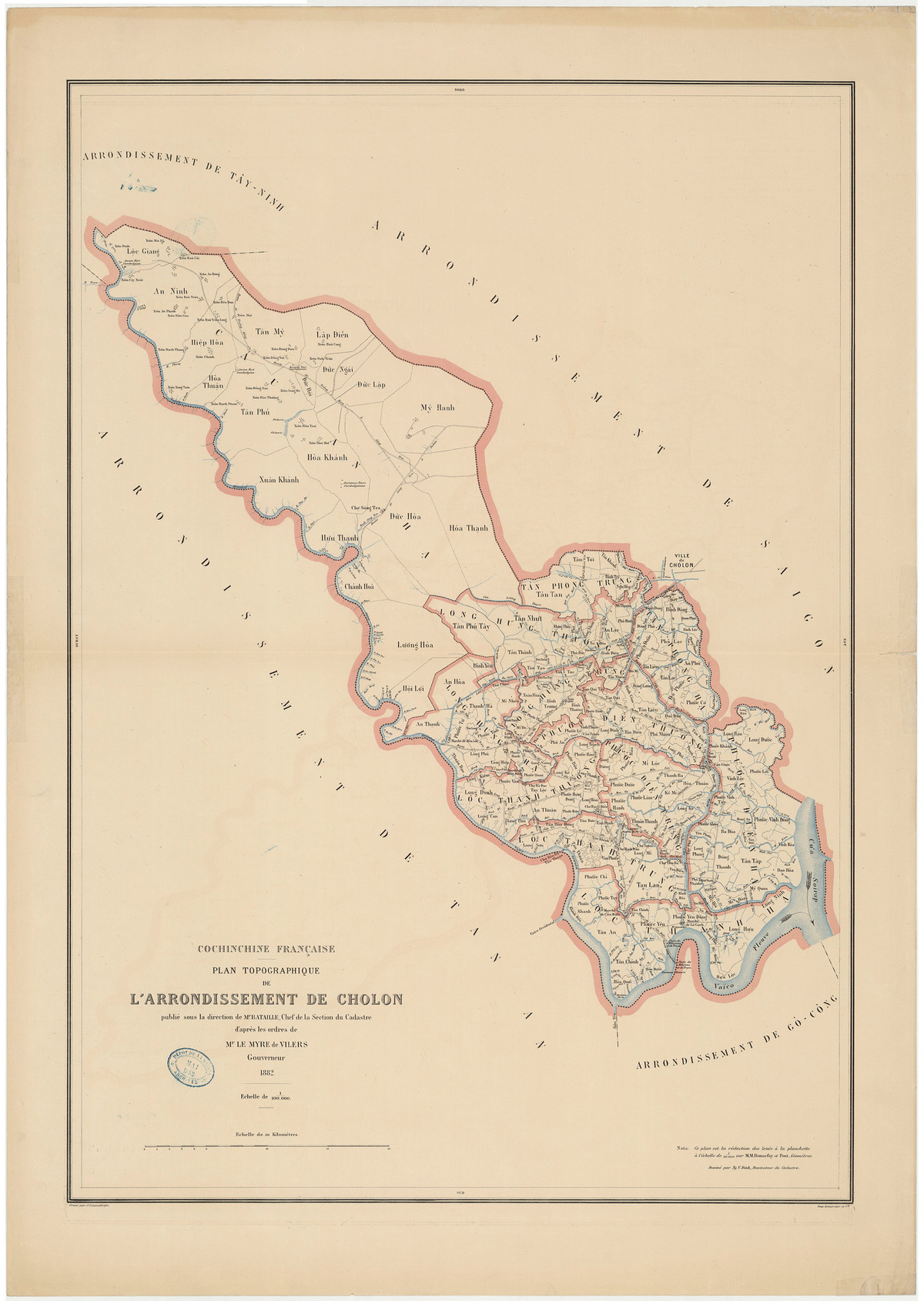 Bản đồ hạt tham biện Chợ Lớn năm 1882, gồm khu vực phía Bắc sông Vàm Cỏ và phía Đông sông Vàm Cỏ Đông, thuộc địa phận tỉnh Long An và TP HCM ngày nay.