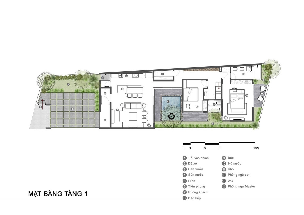 Thấu hiểu mong muốn của gia chủ, trong lô đất rộng 273m2kiến trúcsư (KTS) đã sử dụng 197m2 làm sàn, phần còn lại dùng làm sân vườn.