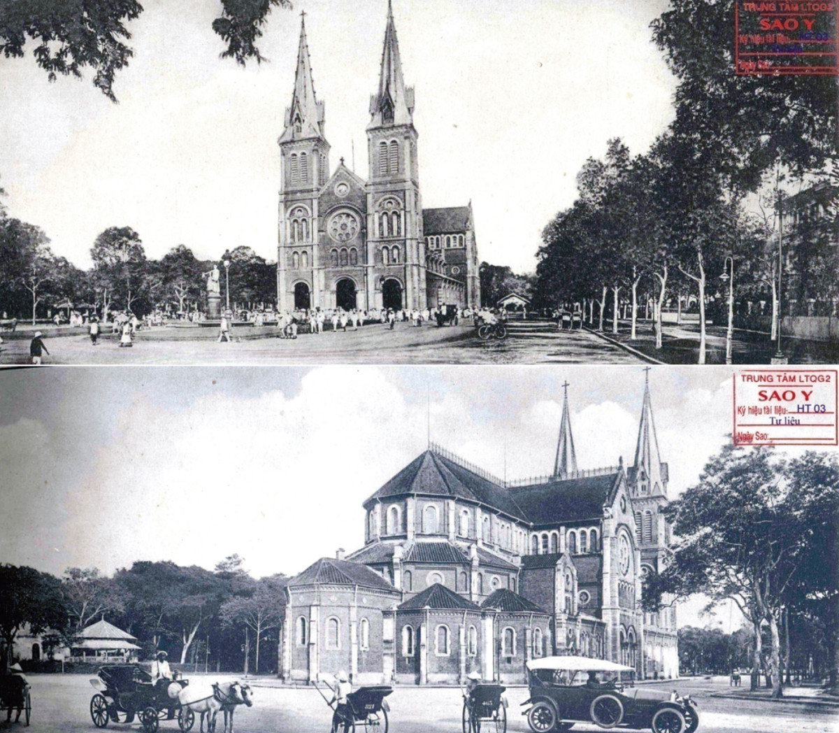 Trong ảnh là Nhà thờ Đức Bà đầu thế kỷ XX. Theo tài liệu công bố, Nhà thờ Đức Bà ban đầu được xây dựng bên bờ một con kênh đã có rất lâu trước khi bị lấp đi thành đại lộ Charner (Nguyễn Huệ). Sau đó, nhà thờ nằm trên một vị trí của Tòa Hòa giải hiện nay và ở đó cho đến năm 1868. Đến năm 1877, nhà thờ mang tên Nhà thờ Đức Bà và nằm tại địa điểm như hiện nay.