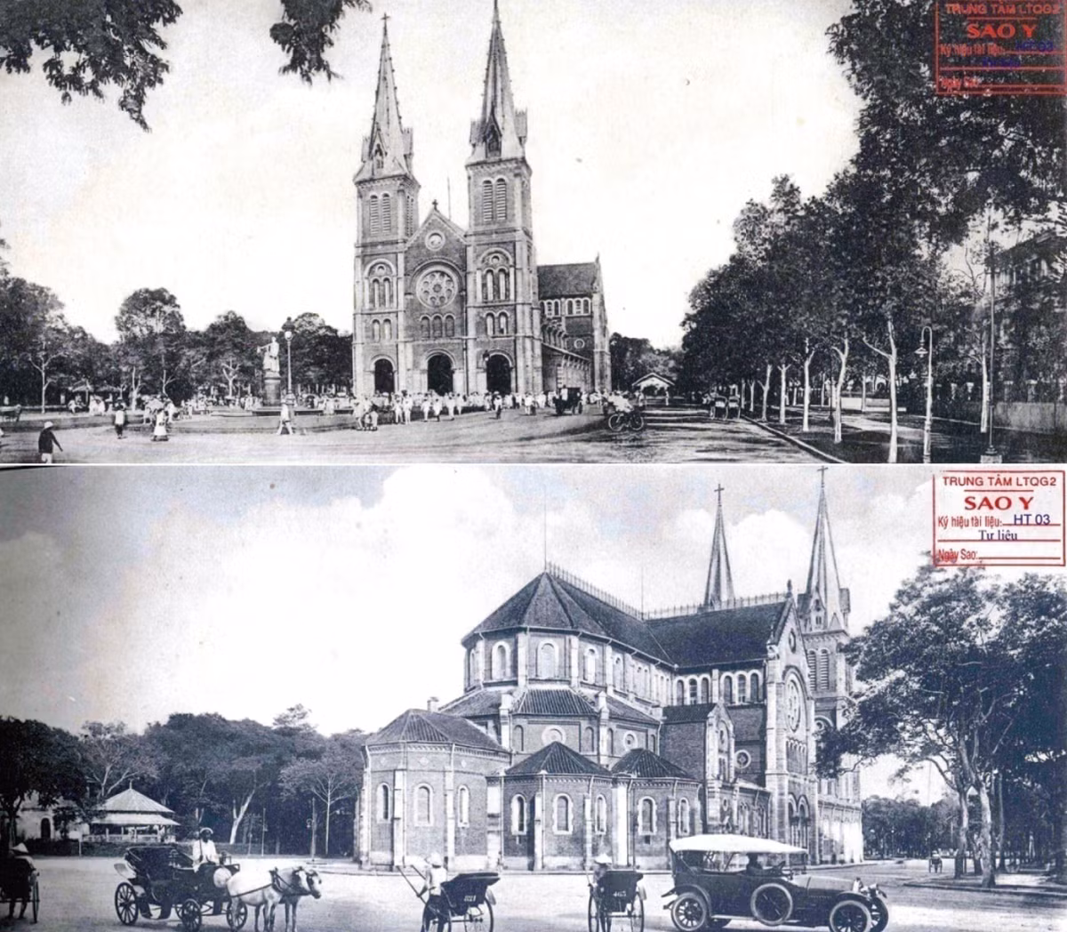 Trong ảnh là Nhà thờ Đức Bà đầu thế kỷ XX. Theo tài liệu công bố, Nhà thờ Đức Bà ban đầu được xây dựng bên bờ một con kênh đã có rất lâu trước khi bị lấp đi thành đại lộ Charner (Nguyễn Huệ). Sau đó, nhà thờ nằm trên một vị trí của Tòa Hòa giải hiện nay và ở đó cho đến năm 1868. Đến năm 1877, nhà thờ mang tên Nhà thờ Đức Bà và nằm tại địa điểm như hiện nay.