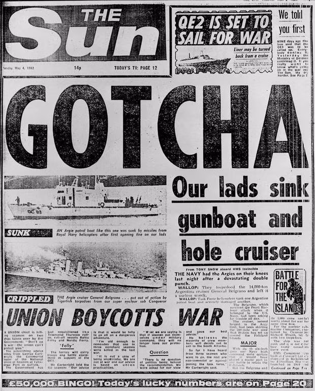 Báo Anh đưa tin về chiến tích đánh chìm tàu General Belgrano.