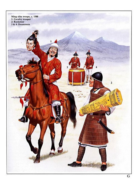 Quân tinh nhuệ của nhà Minh khoảng năm 1500: 1 - Kỵ binh. 2 - Bộ binh cầm hỏa hổ. 3, 4 - Lính đánh trống.