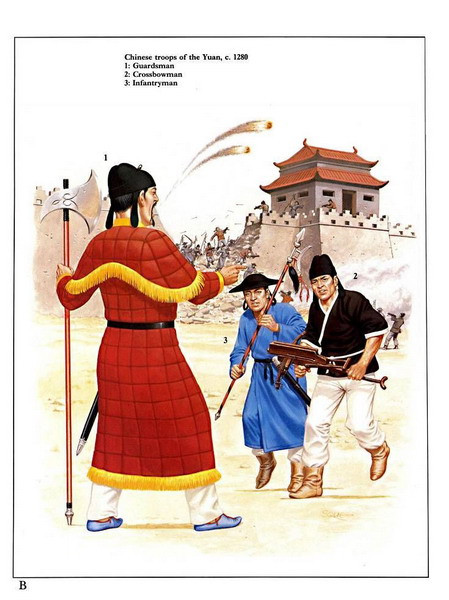 Quân Nguyên năm 1280: 1 - Lính canh. 2 - Lính bắn nỏ. 3 - Bộ binh.