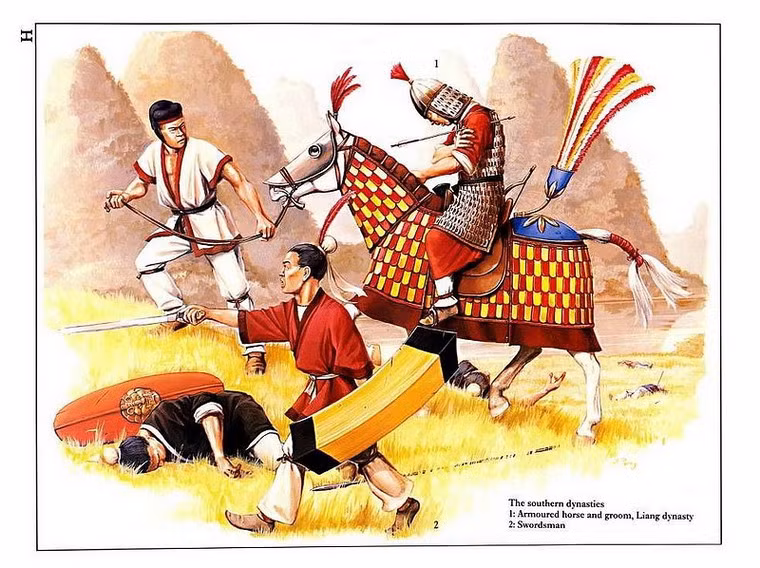 Quân Nam Triều: 1- Nài ngựa và kỵ binh hạng nặng của nhà Lương. 2 - Bộ binh cầm kiếm.