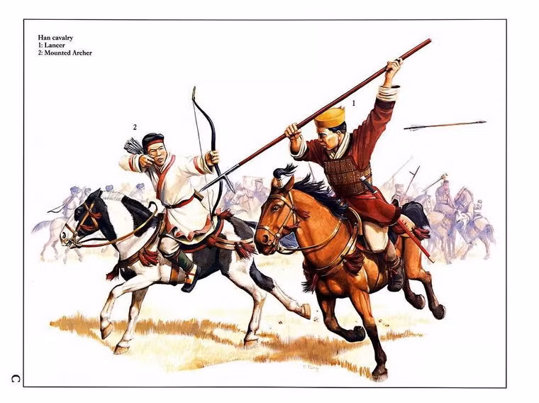 Kỵ binh thời Hán: 1 - Kỵ binh cầm thương. 2 - Kỵ binh cung thủ.