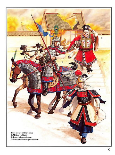 Lực lượng tinh nhuệ của nhà Đường: 1 - Quan võ. 2 - Kỵ binh bảo vệ hoàng cung. 3 - Lính gác.