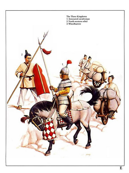 Thời Tam Quốc: 1 - Kỵ binh hạng nặng. 2 - Quân nổi loạn Tây Bắc. 3 - Phu chở gạo.