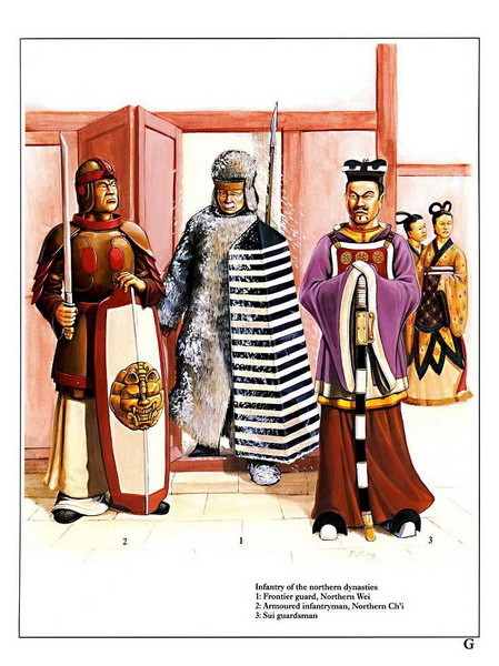 Bộ binh Bắc Triều: 1- Lính biên phòng Bắc Ngụy. 2 - Bộ bịnh hạng nặng Bắc Chu. 3 - Lính canh nhà Tùy.