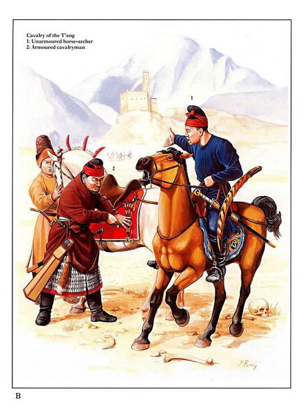 Kỵ binh nhà Đường: 1 - Kỵ binh hạng nhẹ. 2 - Kỵ binh hạng nặng.