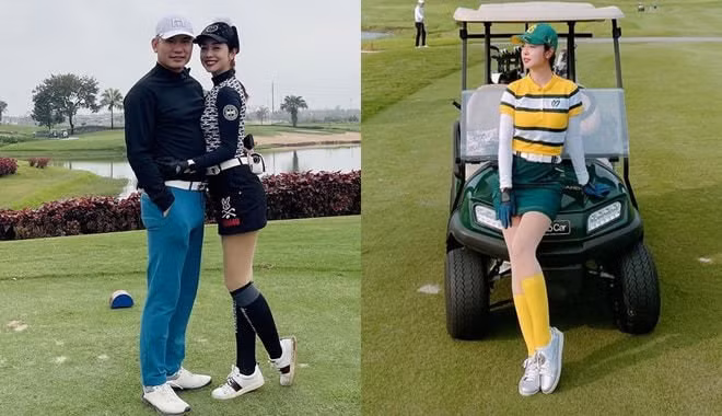 Thời trang đồng điệu của các cặp vợ chồng Vbiz khi đến sân golf - Hình 5 Thoi trang dong dieu cua cac cap vo chong Vbiz khi den san golf-Hinh-5