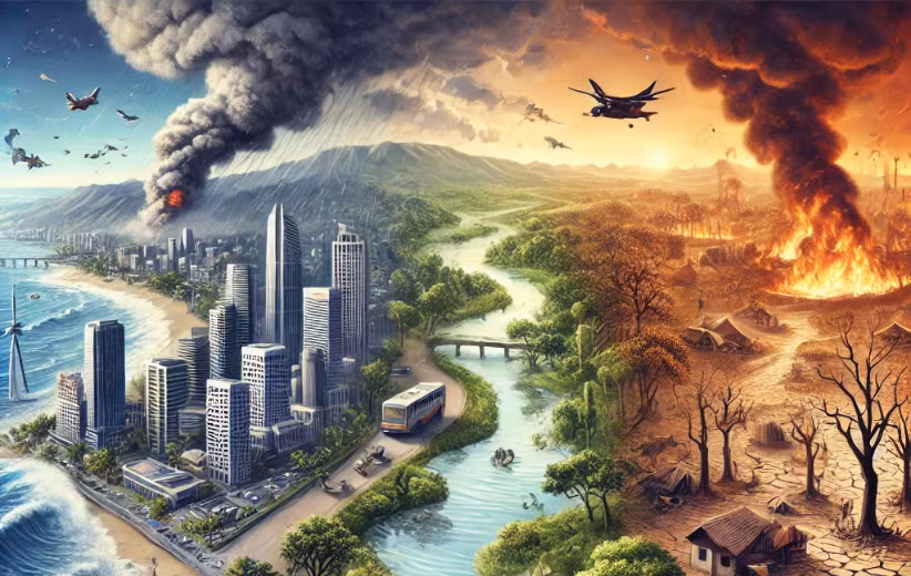 Nostradamus thì tiên đoán biến đổi khí hậu sẽ gây ra loạt vụ phun trào núi lửa và lũ lụt ở Brazil, cùng với các trận lụt khủng khiếp tàn phá các thành phố ven biển, khiến hàng triệu người phải di dời. Ảnh: AI Creat