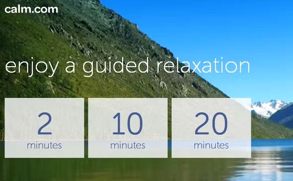 Calm. Có tên miền thực sự hấp dẫn (“calm” có nghĩa là “êm đềm, điềm tĩnh”). Sau khi trang được tải, bạn có thể lên chương trình thư giãn cho riêng mình, chọn thư giãn trong 2 phút, 10 phút hoặc 20 phút và lựa chọn nền động theo ý thích cùng với âm nhạc thư thái, nhẹ nhàng. Những âm thanh này bao gồm tiếng sóng vỗ trên bờ biển, tiếng chim hót và tiếng mưa rơi.