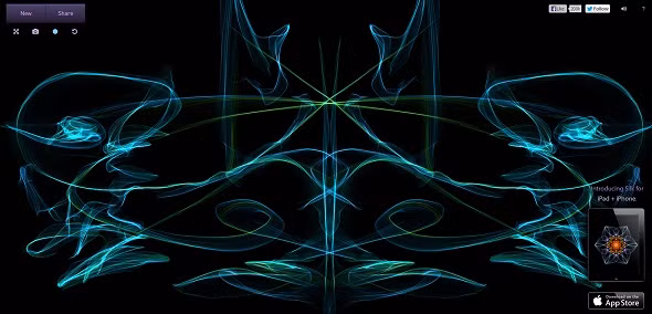 Silk. Như một dạng “nghệ thuật tương tác tạo sinh”. Khi đã vào trang, bạn sẽ thấy một nền tối và được yêu cầu vẽ bất cứ gì bạn thích lên nền này. Bút vẽ của bạn sẽ tạo ra một hiệu ứng như dải lụa, bạn sẽ được thư giãn thực sự.