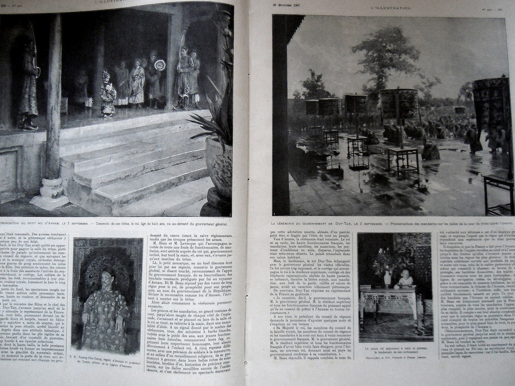 Vua Duy Tân tại Hoàng thành Huế (ảnh trên, bên trái), hình ảnh được in trong một cuốn sách của Pháp. Ảnh tư liệu.