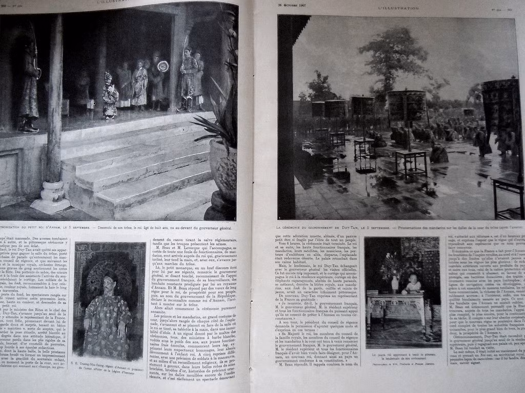 Vua Duy Tân tại Hoàng thành Huế (ảnh trên, bên trái), hình ảnh được in trong một cuốn sách của Pháp. Ảnh tư liệu.