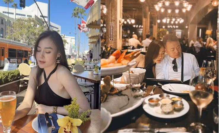 Phương Oanh qua ống kính của chồng Shark Bình khi cả hai đi ăn ở một nhà hàng ngoài trời tại Mỹ.