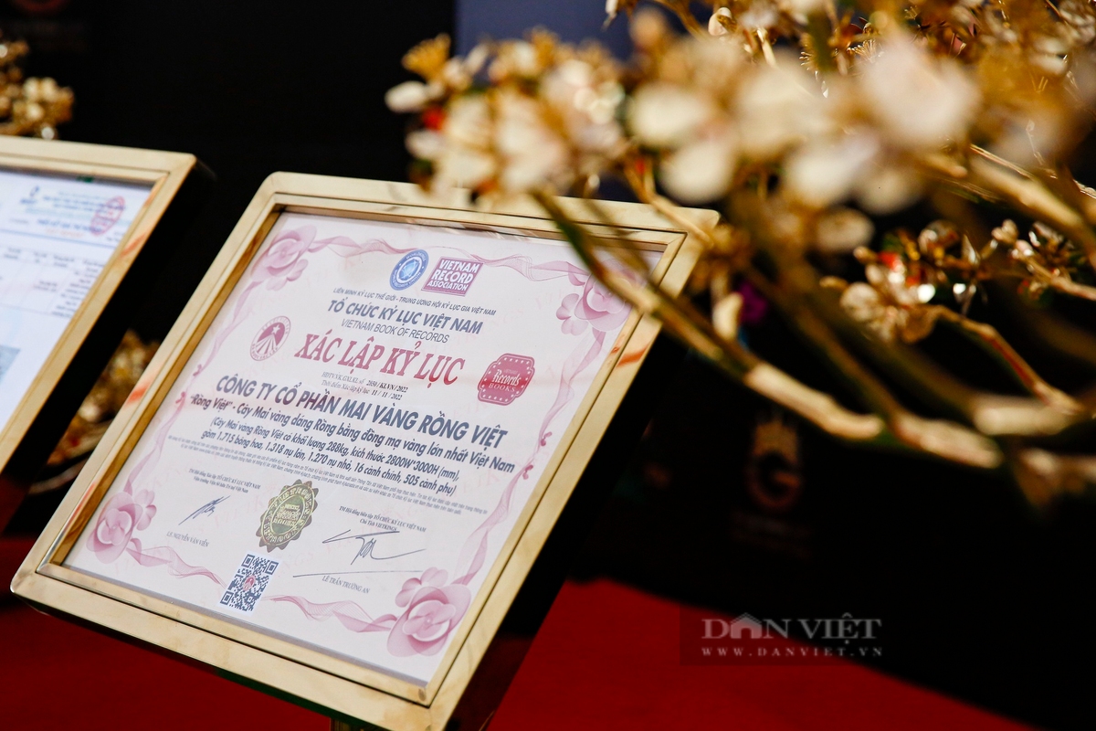 16 nghệ nhân và kỹ sư chế tác đã làm việc 720 giờ để tạo nên "tác phẩm nghệ thuật" được Sách kỷ lục Việt Nam trao chứng nhận "Cây mai bằng đồng mạ vàng 24K lớn nhất Việt Nam" vào cuối tháng 11/2022.