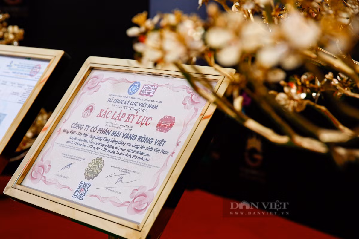 16 nghệ nhân và kỹ sư chế tác đã làm việc 720 giờ để tạo nên "tác phẩm nghệ thuật" được Sách kỷ lục Việt Nam trao chứng nhận "Cây mai bằng đồng mạ vàng 24K lớn nhất Việt Nam" vào cuối tháng 11/2022.