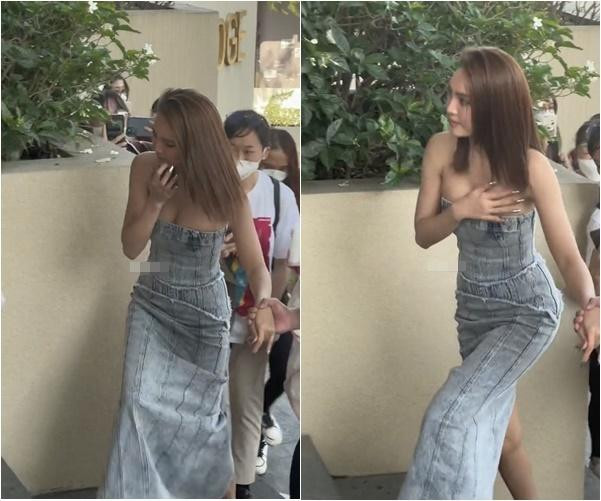 Tuy nhiên, thiết kế táo bạo lại đẩy Lan Ngọc vào tình huống gây đỏ mặt nơi đông người. Cụ thể, chiếc đầm o ép vòng 1 trễ nải nhiều lần xém "phản chủ". Cảm nhận được vòng 1 có nguy cơ hớ hênh nên mỹ nhân Gái Già Lắm Chiêu phải quay lưng trước ống kính để chỉnh lại trang phục, tránh sự cố lộ hàng.