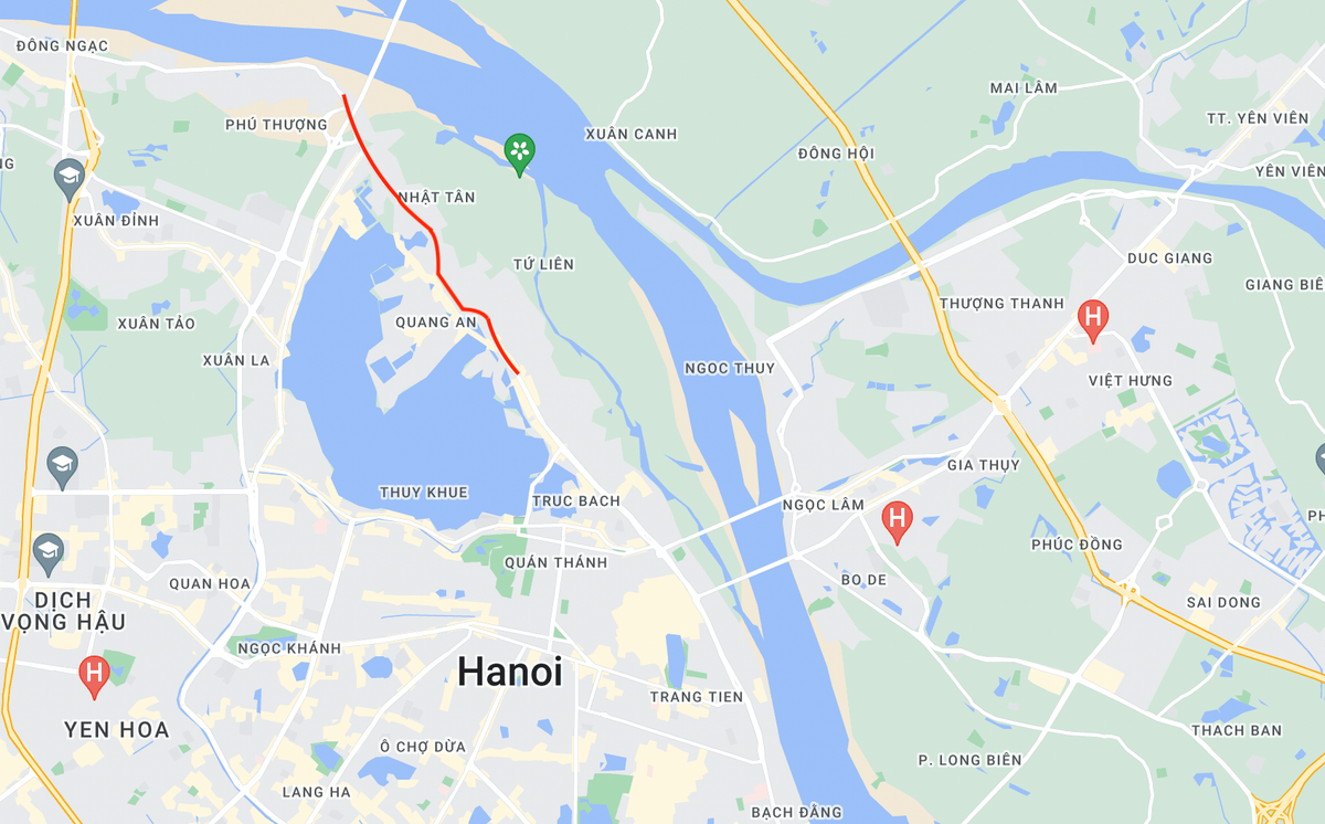 Dự án mở rộng đường Âu Cơ - An Dương Vương kéo dài từ nút giao Yên Phụ - Âu Cơ đến cầu Nhật Tân. Ảnh: Google Maps.