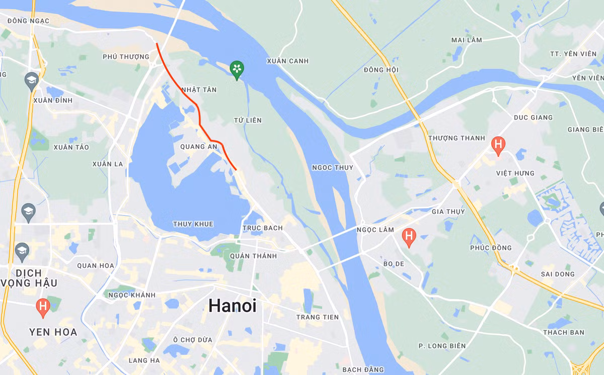 Dự án mở rộng đường Âu Cơ - An Dương Vương kéo dài từ nút giao Yên Phụ - Âu Cơ đến cầu Nhật Tân. Ảnh: Google Maps.