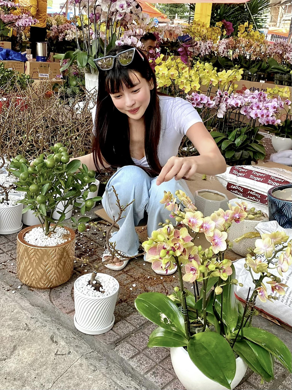 Cao Thái Hà mua hoa trang trí Tết.