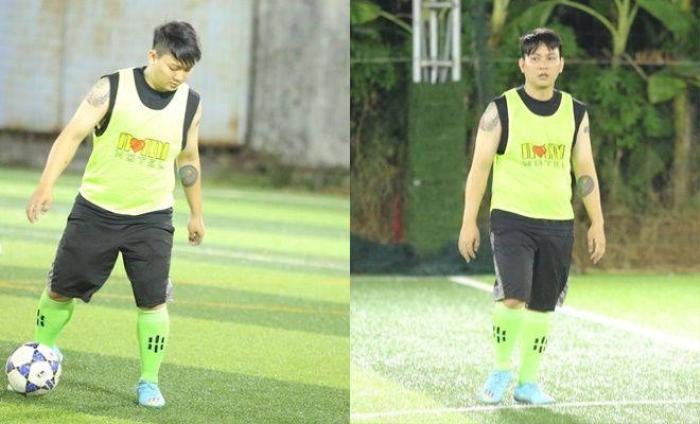 Hoài Lâm mũm mĩm trên sân cỏ, lăn xả hết mình trong trận giao hữu. Qua những bức hình được chia sẻ, có thể thấy nam ca sĩ không ngại lăn xả, chơi hết mình. 