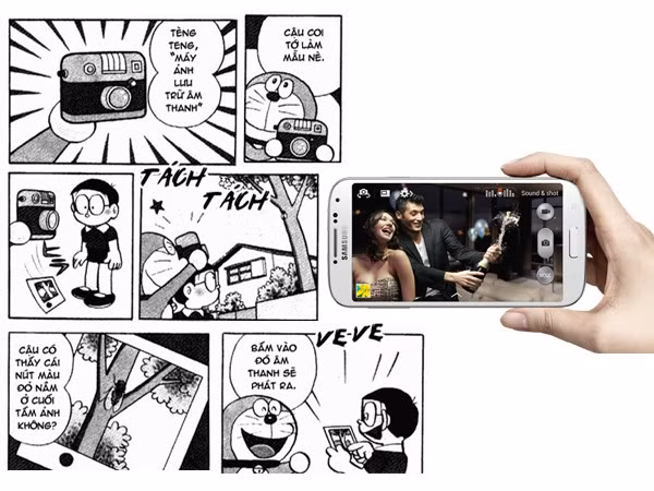  Máy ảnh lưu trữ âm thanh. Những bức hình được ghi lại kèm tiếng động, lời nói như bảo bối máy ảnh lưu trữ âm thanh của Doraemon đã có trong thực tại. Tính năng này xuất hiện trên dòng smartphone Galaxy mới nhất của Samsung. Với tùy chọn Sound &amp; Shot, người dùng có thể chụp lại khung cảnh trước mắt kèm theo 9 giây âm thanh ngay tại khoảnh khắc đó.