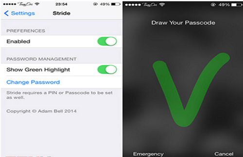  1. Vẽ hình để mở khóa màn hình iPhone với Tweak Stride 2. Để có thể sử dụng cách mở khóa này, iPhone cần tải Tweak Stride từ Cydia (có nghĩa là iPhone đã được jailbreak) và sau đó cài đặt. Chỉ cần vào Setting > Stride > hange Password > Nhấn vào mút Recore màu đỏ > Vẽ ba lần hình vẽ bạn muốn làm khóa > Save. Với cách này bạn có thể vẽ bất cứ những gì mình muốn và đương nhiên việc bảo mật sẽ cao hơn rất nhiều so với việc khóa bằng 4 ký tự số như thông thường.