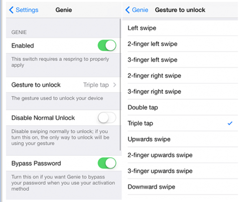  4. Mở khóa iPhone bằng cử chỉ với ứng dụng Genie. Với ứng dụng này, thay vì phải gõ passcode thì bạn có thể sử dụng những cử chỉ được cài đặt sẵn để mở khóa, có rất nhiều lựa chọn để bạn có thể mở khóa với ứng dụng Genie này.