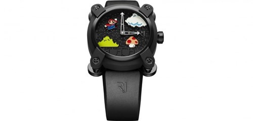  1. Đồng hồ Romain Jerome Super Mario Bros Là một sản phẩm công nghệ thuộc dòng xa xỉ của thương hiệu đồng hồ Thụy Sỹ cao cấp Romain Jerome , đồng hồ Romain Jerome Super Mario Bros có giá đến 18.950 USD (khoảng 427 triệu đồng), được sản xuất nhân dịp kỷ niệm 30 năm ra đời dòng gameSuper Mario Bros. Chiếc đồng hồ có đường kính 46mm và được làm bằng chất liệu titan màu đen. Bên trong là bộ máy cơ tự độngRJ001-A hoạt động ở xung nhịp 4Hz, có thể trữ năng lượng trong 42 giờ. Trên bề mặt đồng hồ là một tấm nền 3 lớp mô phỏng các hình ảnh đặc trưng như anh chàng Mario, cây nấm, đám mây hay bụi cây được tráng sứ.