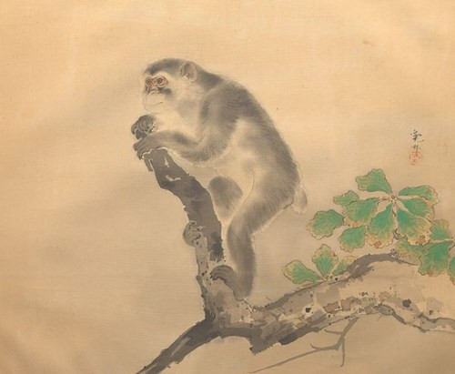 Khỉ trong tranh lụa cổ Nhật Bản.