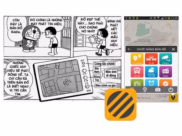  Bản đồ rada và ứng dụng VOV bản đồ giao thông. Là sản phẩm hợp tác giữa Samsung cùng kênh VOV Giao Thông, ứng dụng VOV bản đồ giao thông hiển thị bản đồ lên màn hình smartphone của người dùng, cho phép họ theo dõi tình hình đường phố. Ứng dụng hoạt động tương tự bản đồ rada mà Doraemon từng dùng để cứu nguy cho Nobia khi bị bạn bè bắt nạt. Tuy vậy, VOV bản đồ giao thông hiện đại hơn bảo bối trong truyện, còn vạch ra lộ trình hợp lý nếu kẹt xe, dự báo thời tiết, giúp tra cứu tuyến bus lúc cấp thiết…