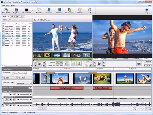  10. VideoPad Video Editor. VideoPad Video Editor là trình chỉnh sửa video có đầy đủ tính năng để giúp bạn nhập video trực tiếp từ máy quay, sau đó cắt cúp, thêm hiệu ứng và âm thanh rồi ghi sang đĩa CD/DVD. Ngoài ra, VideoPad Video Editor còn cung cấp tất cả tính năng mà bạn cần để tạo ra một bộ phim chuyên nghiệp