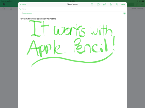  4. Evernote (miễn phí). Bên cạnh việc hỗ trợ đồng hồ thông minh Apple Watch, các phiên bản được cập nhật mới đây của Evernote đã hỗ trợ hoàn chỉnh iPad Pro và bút cảm ứng Apple Pencil. Giờ đây, bạn có thể tạo các bản phát thảo bằng bút cảm ứng mới của Apple với nét thanh, đậm cũng như thao tác đa nhiệm với cửa sổ kép trên iPad Pro. 