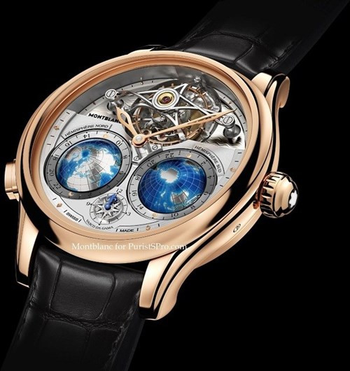  2. Montblanc Villeret Tourbillon Cylindrique Geosphères Vasco Da Gama - Giá: 270.000 USD. Nằm trong bộ sưu tập Villeret Collection, chiếc Villeret Tourbillon Cylindrique Geophères Vasco da Gama mà Montblanc giới thiệu tại triển lãm SIHH 2015 thậm chí còn được các chuyên gia đánh giá là vượt trội hơn người đàn anh Metamorphosis, vốn được coi là một sản phẩm siêu hạng. Đồng hồ Tourbillon Cylindrique Geosphères Vasco da Gama sẽ chỉ được sản xuất giới hạn với 18 chiếc bằng chất liệu vàng hồng 18K, tất cả đều có đường kính 47mm với một dây đeo bằng da sang trọng. 