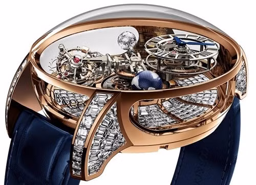  4. Jacob &amp; Co. Astronomia - Giá: > 1 triệu USD. Được ra mắt tại Baselworld 2015, đồng hồ Astronomia Tourbillon của Jacob &amp; Co đã tạo được một cú sốc bởi thiết kế ngoạn mục, thu hút mọi ánh nhìn vào cỗ máy siêu phức tạp chạy dưới mái vòm tinh thể sapphire khổng lồ. Astronomia có sẵn với hai phiên bản nạm kim cương và không có kim cương. Phiên bản không kim cương có giá 548.000USD (> 11,5 tỷ đồng), và 1.015.000 USD (> 21,5 tỷ đồng) cho phiên bản nạm kim cương. 