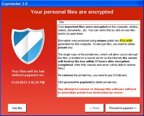  8. CryptoLocker CryptoLocker là một trojan sử dụng rất nhiều phương thức lây nhiễm khác nhau, chẳng hạn như email. Khi lọt vào hệ thống, nó sẽ tiến hành mã hóa các file và cho dù virus có bị diệt bởi các phần mềm bảo mật, các file này vẫn tiếp tục bị khóa. Cách duy nhất để mở những file này là trả tiền chuộc và số tiền sẽ tăng lên nếu người dùng trì hoãn chi trả. Các hoạt động đòi tiền chuộc chỉ dừng lại sau khi Evgeniy Bogachev, người đứng đầu đường dây phát tán CryptoLocker bị bắt. Theo thống kê, khoảng 1,3% số nạn nhân của virus này đã đồng ý trả tiền, với con số lên tới 3 triệu USD.