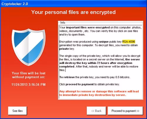  8. CryptoLocker CryptoLocker là một trojan sử dụng rất nhiều phương thức lây nhiễm khác nhau, chẳng hạn như email. Khi lọt vào hệ thống, nó sẽ tiến hành mã hóa các file và cho dù virus có bị diệt bởi các phần mềm bảo mật, các file này vẫn tiếp tục bị khóa. Cách duy nhất để mở những file này là trả tiền chuộc và số tiền sẽ tăng lên nếu người dùng trì hoãn chi trả. Các hoạt động đòi tiền chuộc chỉ dừng lại sau khi Evgeniy Bogachev, người đứng đầu đường dây phát tán CryptoLocker bị bắt. Theo thống kê, khoảng 1,3% số nạn nhân của virus này đã đồng ý trả tiền, với con số lên tới 3 triệu USD.