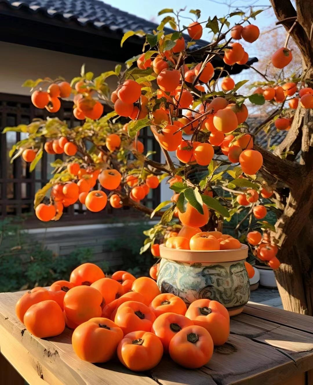  Khi gió mùa thu cuốn đi những chiếc lá rụng, chỉ còn lại những quả hồng đỏ rực và vàng óng treo trên cành trơ trụi. Dù mùa đông ảm đạm, gió lạnh, thậm chí cả nơi có tuyết rơi, những quả hồng chín đỏ trên cành mang lại bầu không khí ấm áp cho con người.